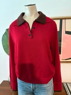 Zara Red V-Neck Sweater with Brown Contrast Collar